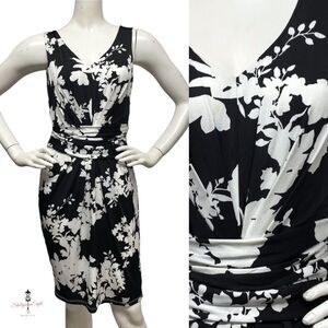 MAX MARA Studio Stretch Jersey Black White Floral Dress Ruched Banded Waist S M